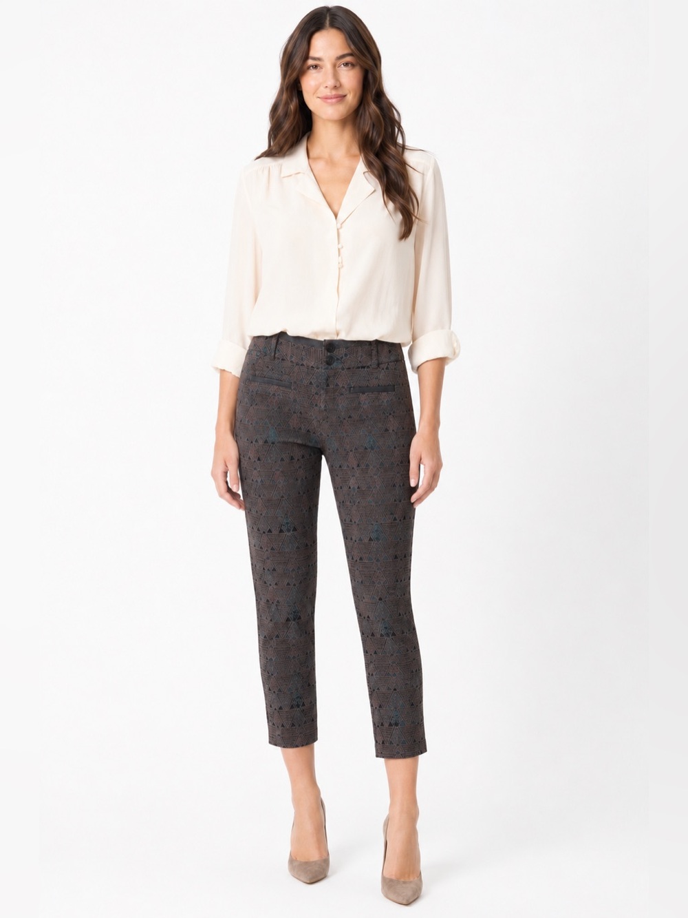 Anthropologie Cartonnier Charlie Ankle Jacquard Pants Boho Print Teal Grey 10